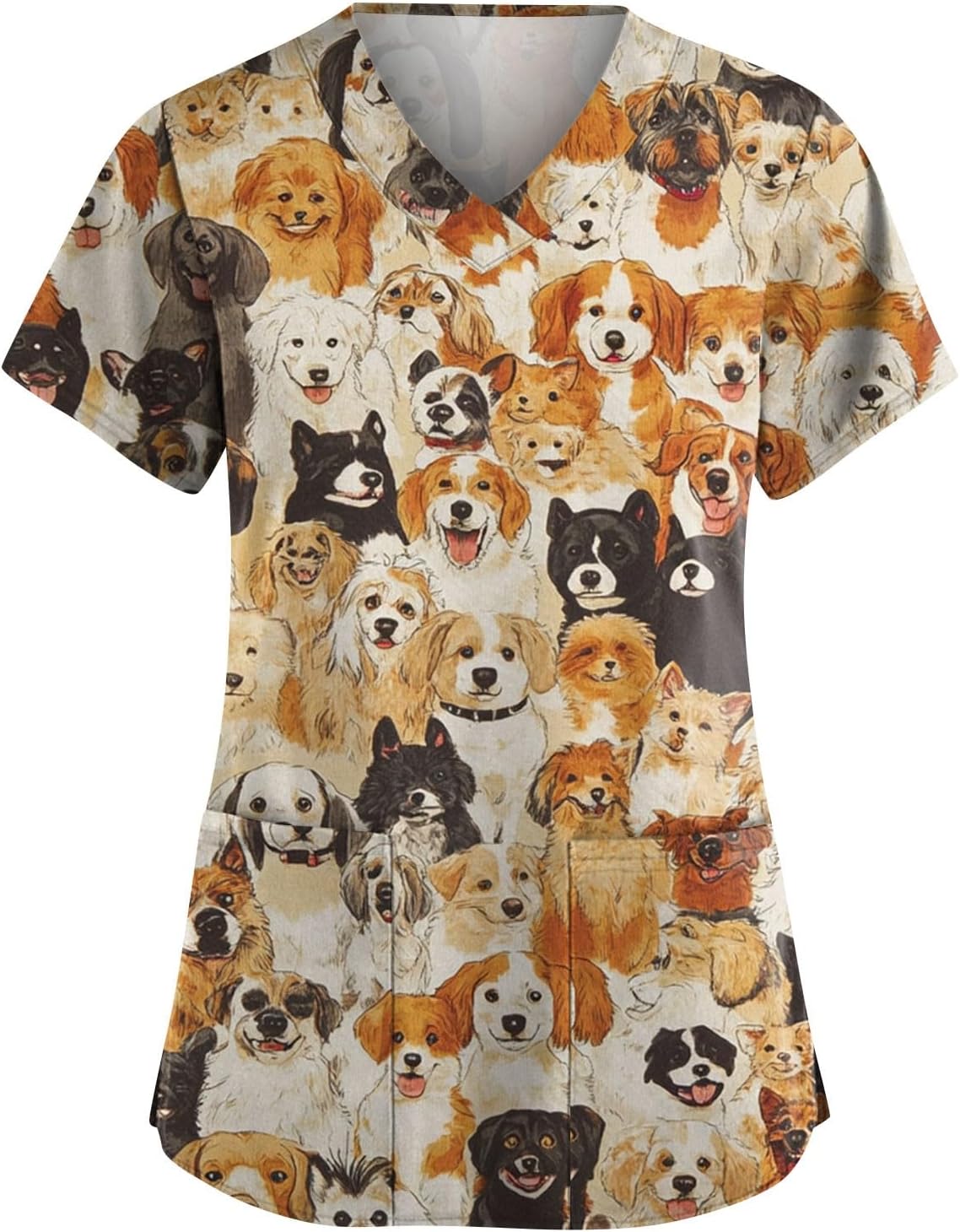 Scrubs for Women Animal Print Tops Short Sleeve Cartoon Pattern V Neck Stretchy Nursing Uniform with Pockets - #01-camel