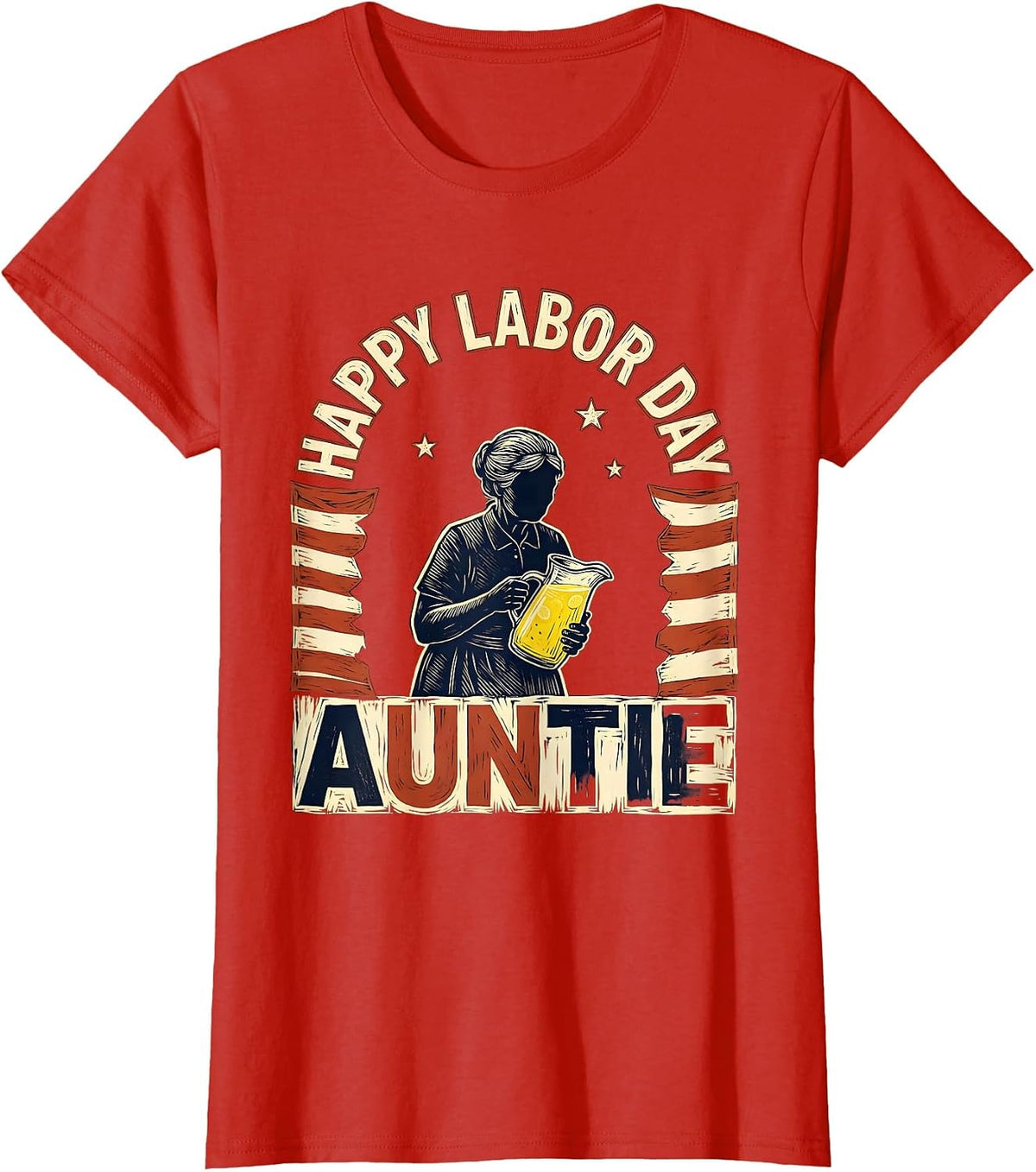 Happy Labor Day, Auntie Linocut Patriotic Labor Day T-Shirt - Red