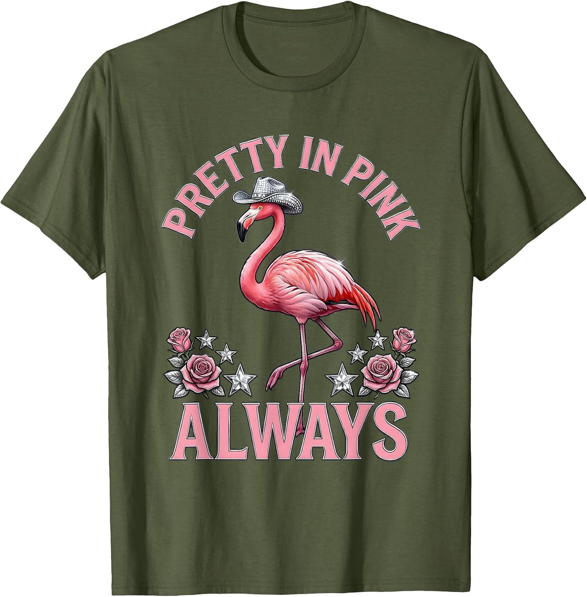 Men's Pretty in Pink Always Flamingo Design T-Shirt - Olive Green