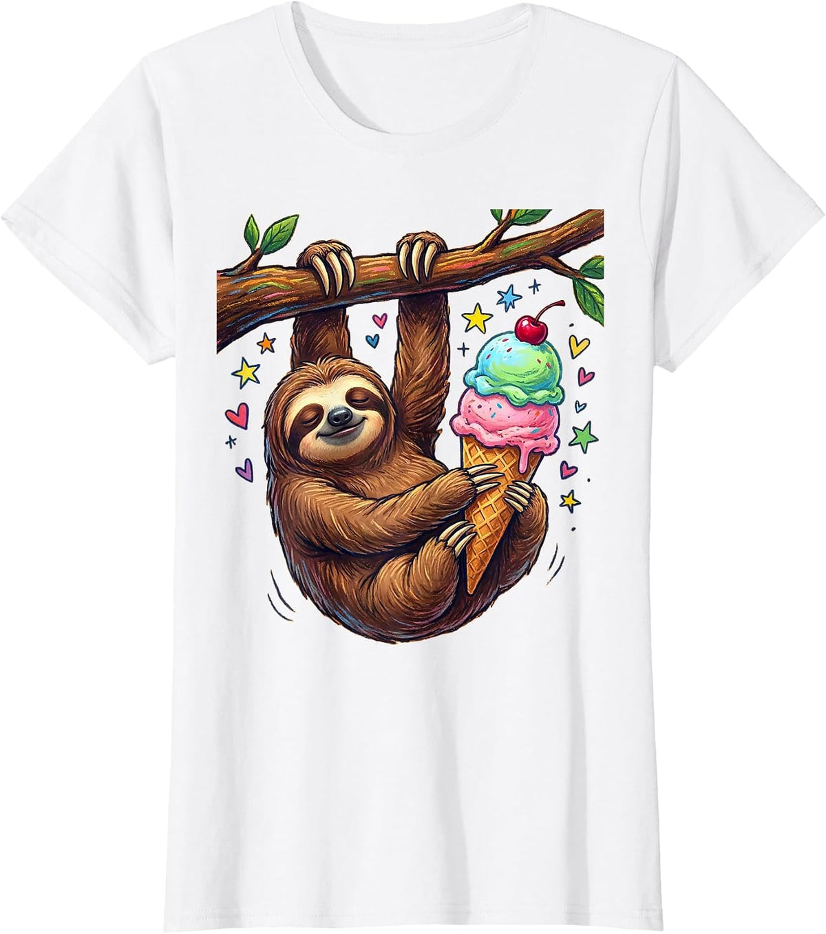 Women's Funny Sloth Hanging Upside Down Eating Ice Cream T-Shirt - White