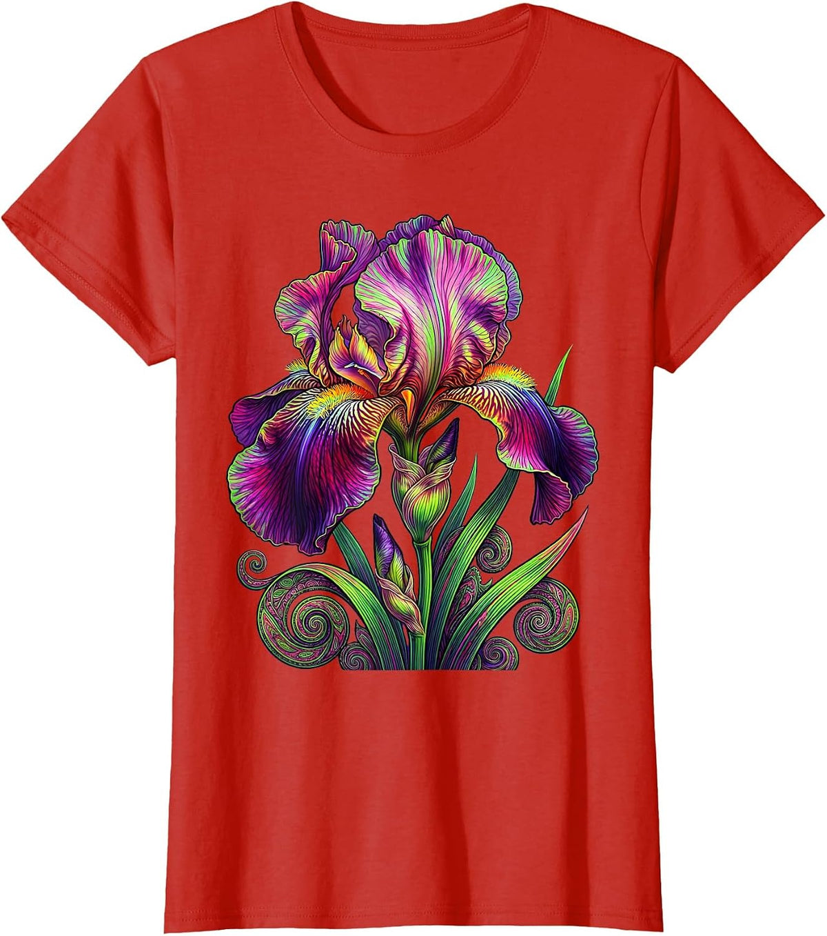 Iris Flower Intricate Ink Line Art Design T-Shirt - Red