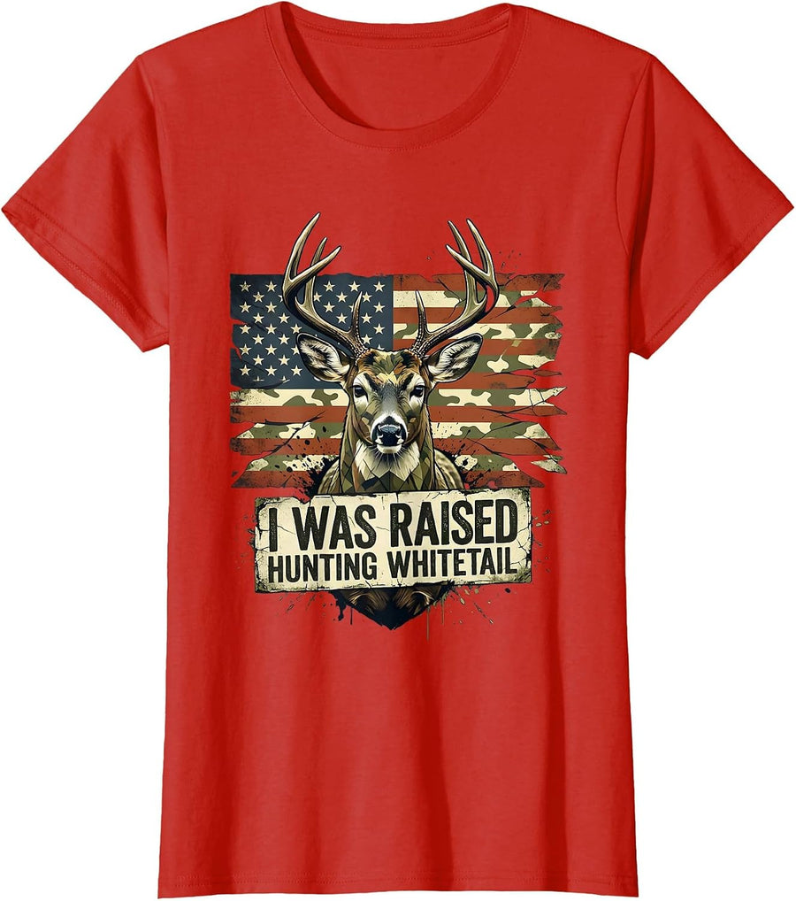 Women's I Was Raised Hunting Whitetail Distressed Camo Deer Hunter T-Shirt - Red