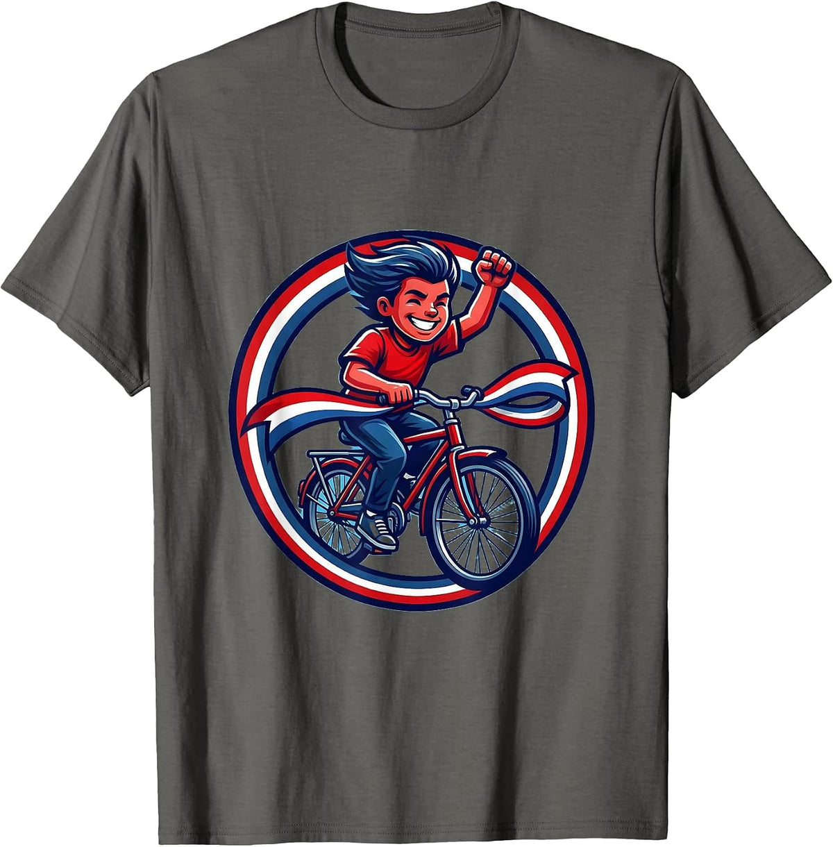 Men's Red White and Blue Bicycle Flag Streamers Kids Tee T-Shirt - Asphalt Grey
