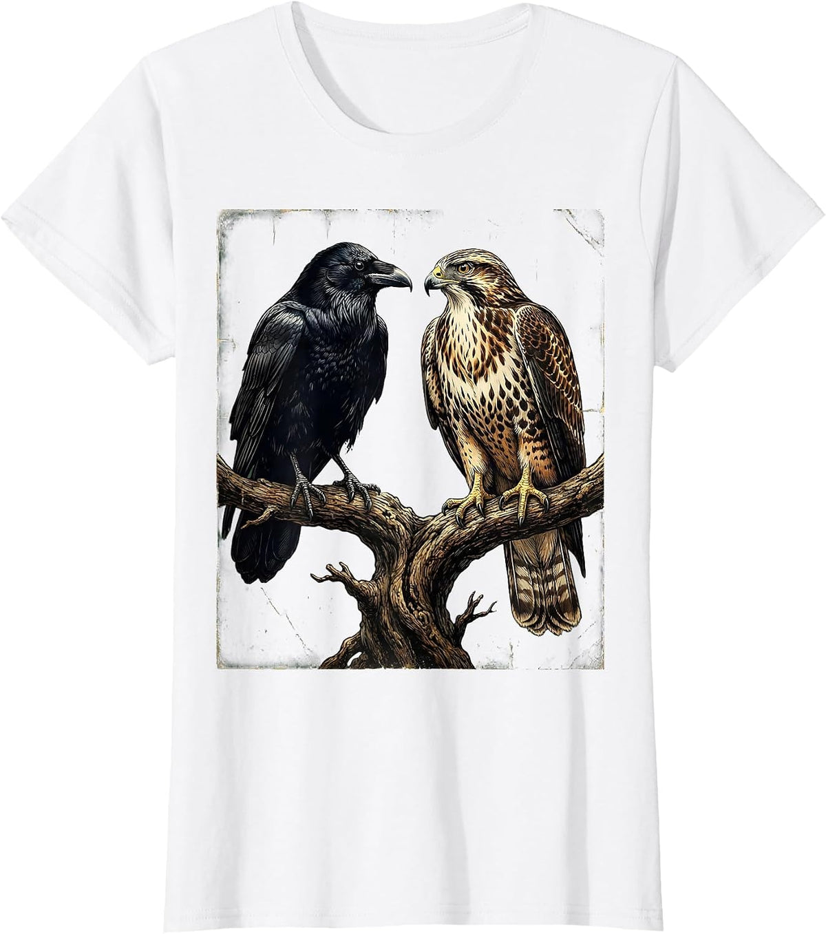 Hawk and Crow Face-to-Face on Branch Art T-Shirt - White