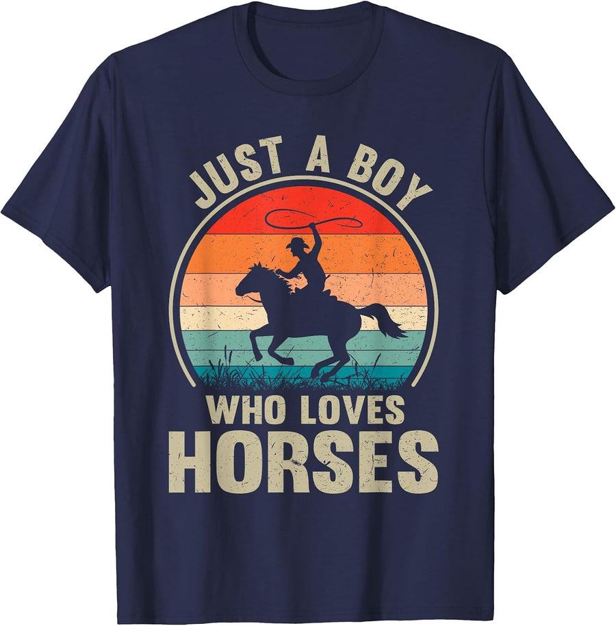 Just A Boy Who Loves Horses Vintage Horse Riding Lovers T-Shirt - Navy Blue