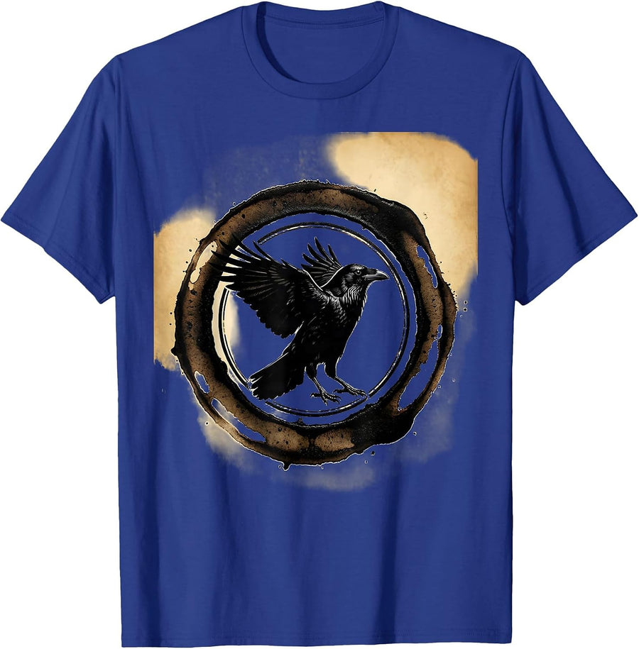 Crow Silhouette Coffee Ring Stain Graphic T-Shirt - Royal Blue