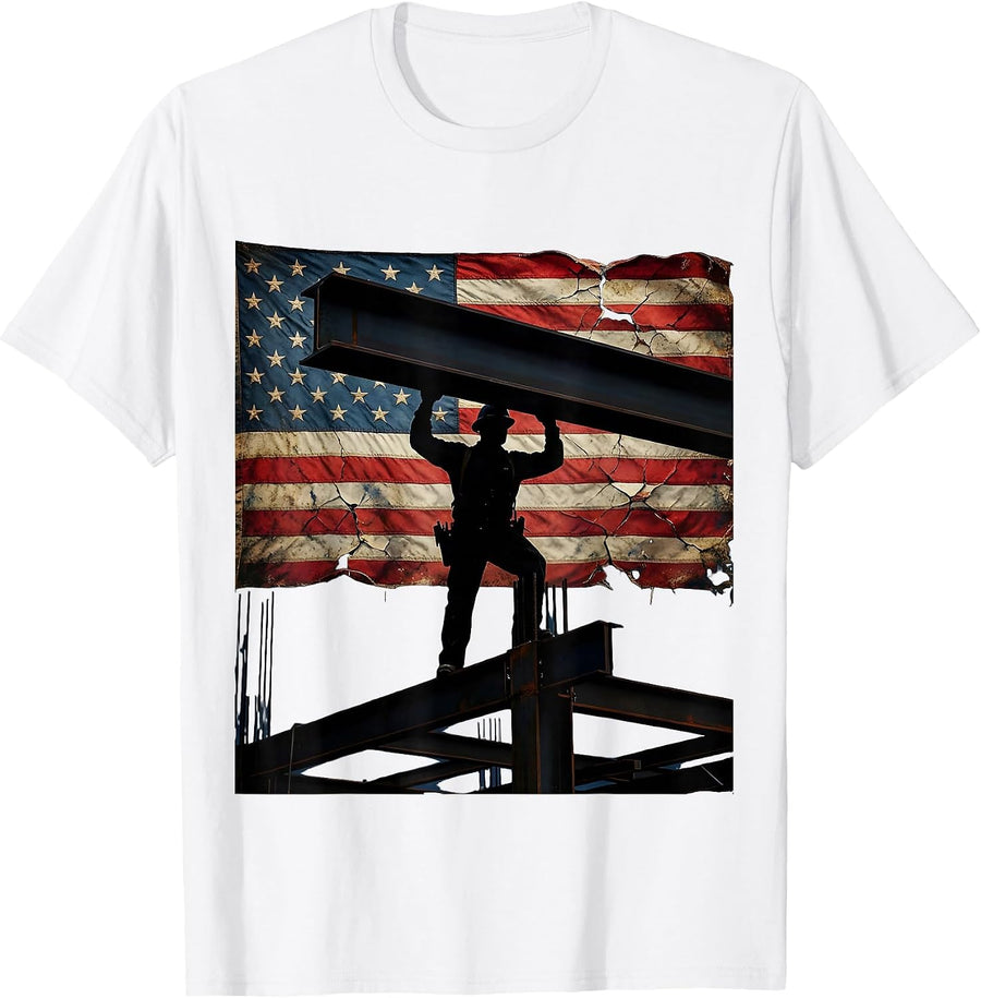 Men's Iron Worker Patriotic Construction Graphic Tee T-Shirt - White