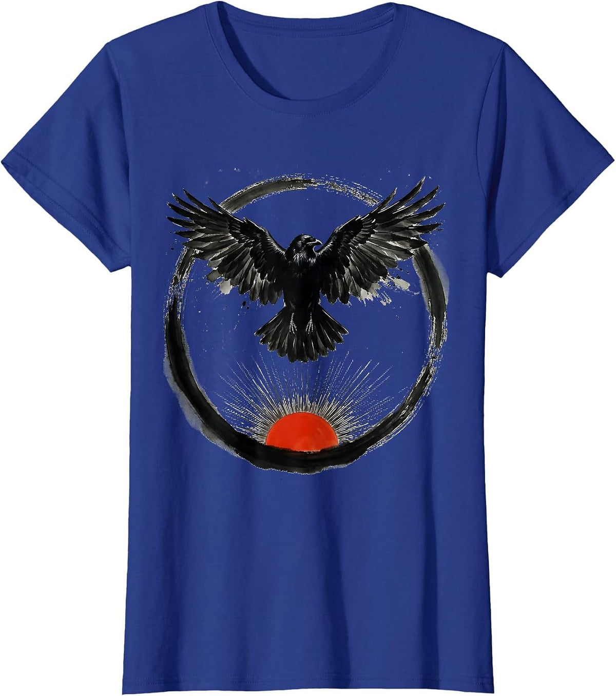Women's Crow With Spread Wings Over Rising Sun Graphic T-Shirt - Royal Blue