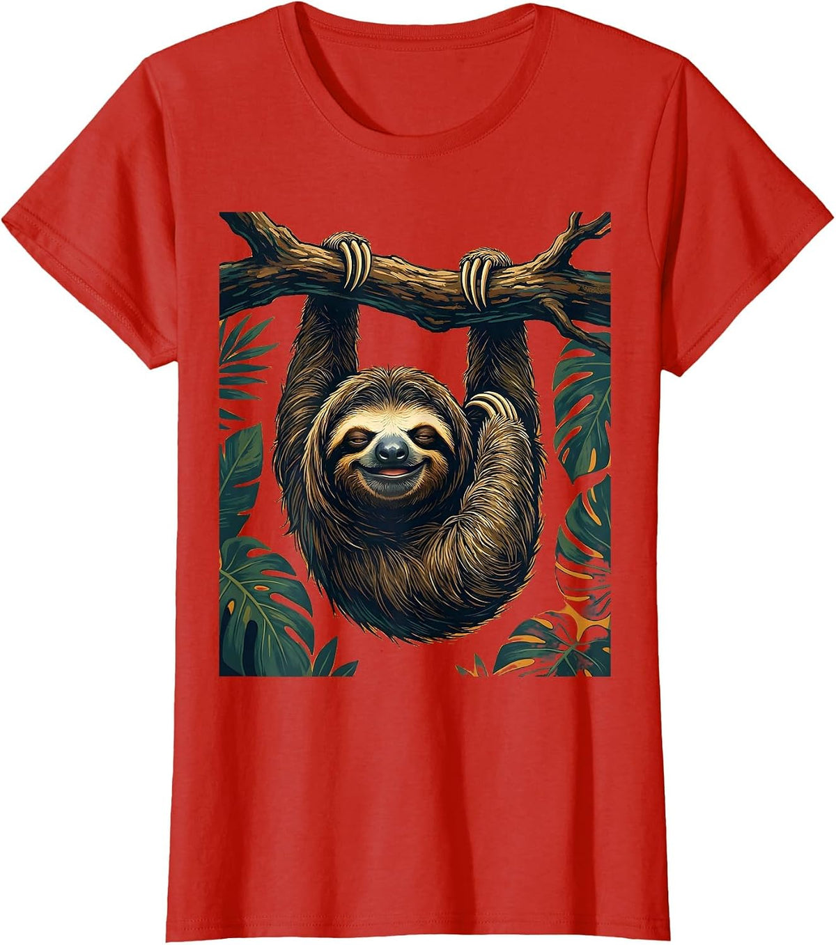 Lazy Sloth Hanging Upside Down From Branch T-Shirt - Red