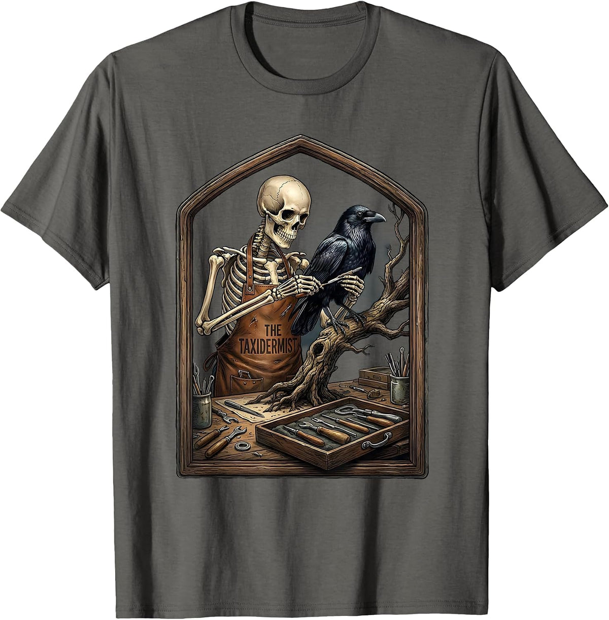 The Taxidermist Vintage Tarot Card Skeleton Tarot Reader T-Shirt - Asphalt Grey