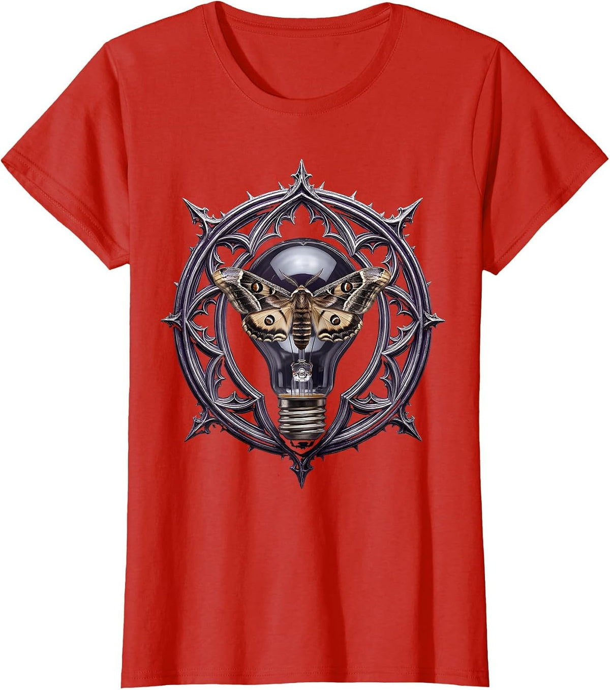 Grunge Moth and Bare Lightbulb Illustration T-Shirt - Red