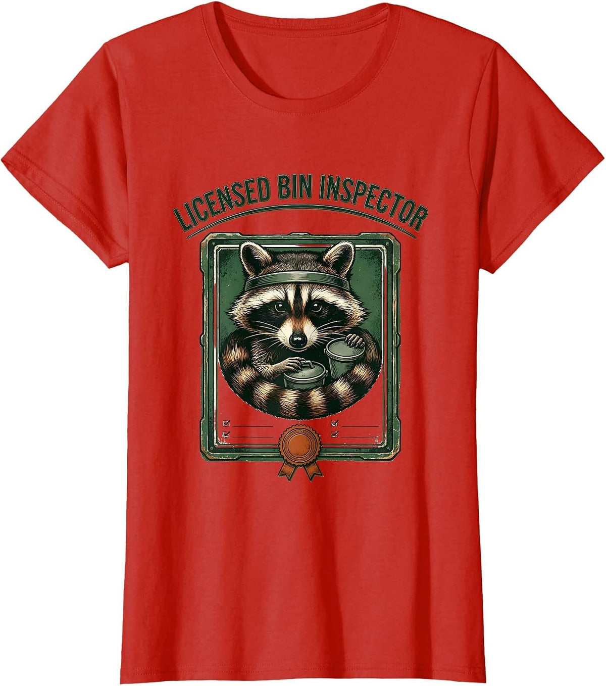 Women's Licensed Bin Inspector Vintage Funny Raccoon Trash Panda T-Shirt - Red
