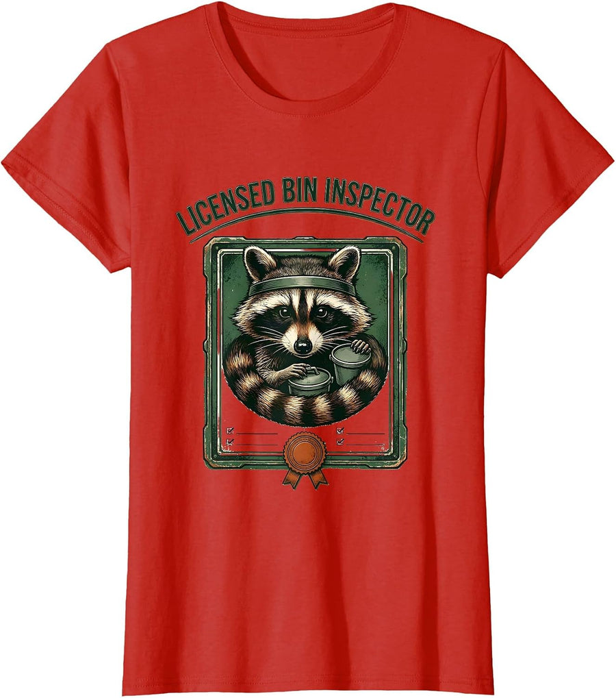 Women's Licensed Bin Inspector Vintage Funny Raccoon Trash Panda T-Shirt - Red