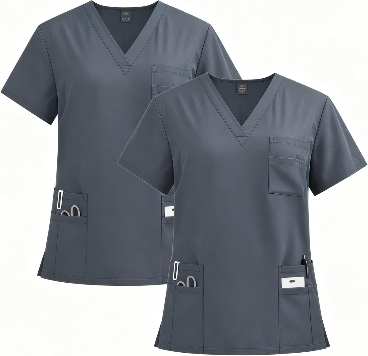 V Neck Medical Scrub Top 2PCS 8 Pockets 94% Polyester 6% Spandex Soft Breathable Quick Dry Stretch Uniform DK91 - Grey