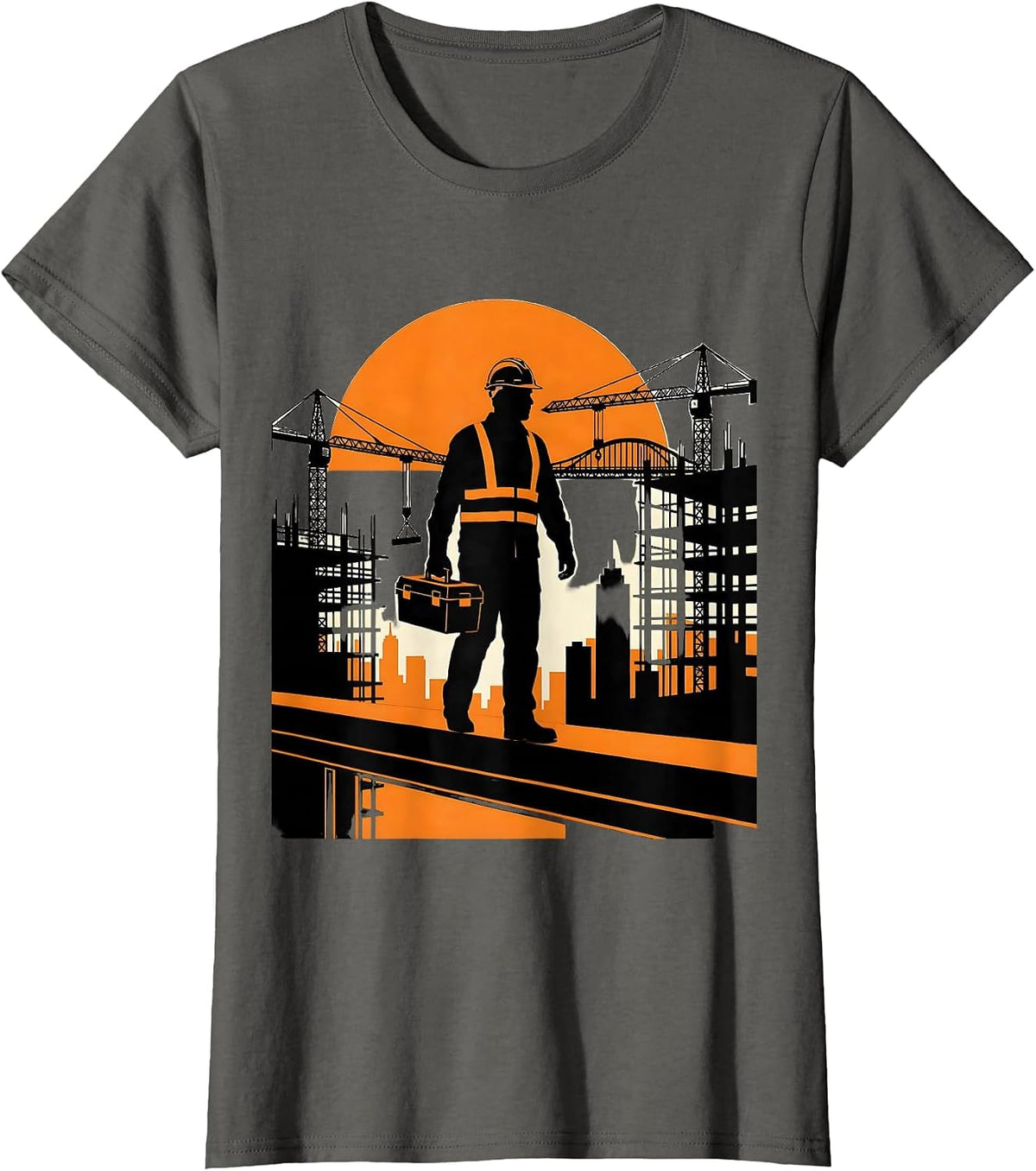 Women's Construction Worker Silhouette Sunset Skyline T-Shirt - Asphalt Grey