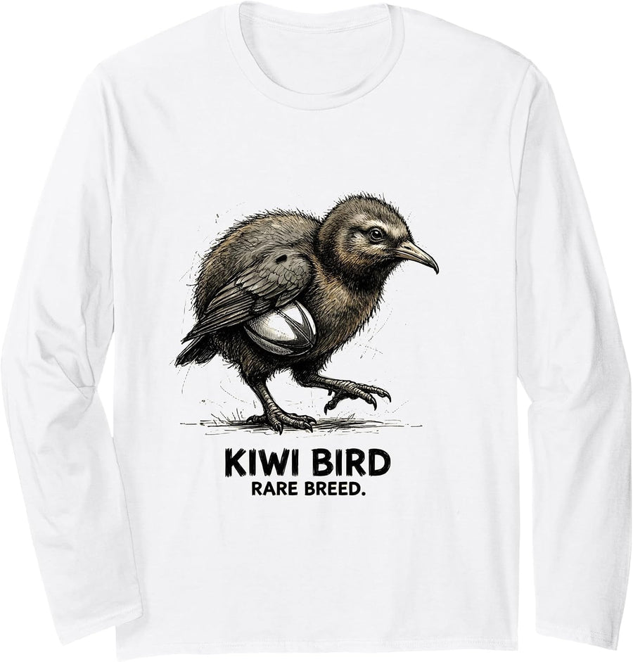 Kiwi Bird. Rare Breed. Hand-Sketched Design Long Sleeve T-Shirt - Adult Unisex White