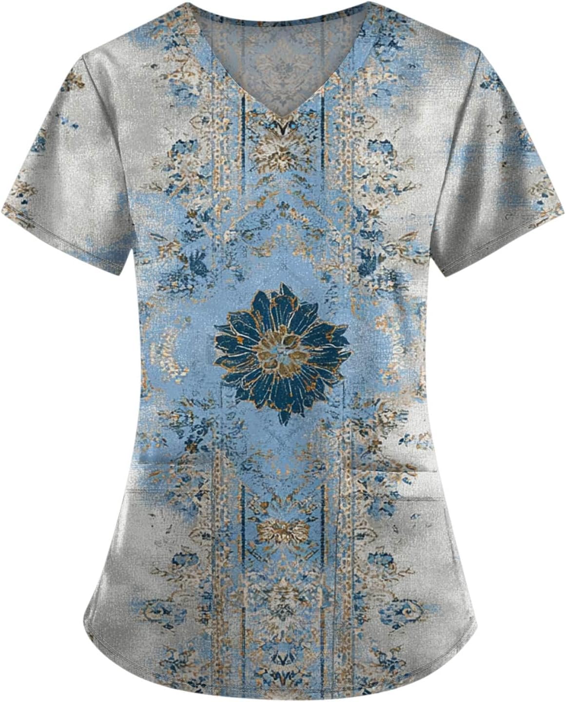 Scrubs for Women Animal Print Tops Short Sleeve Cartoon Pattern V Neck Stretchy Nursing Uniform with Pockets - 05-light Blue