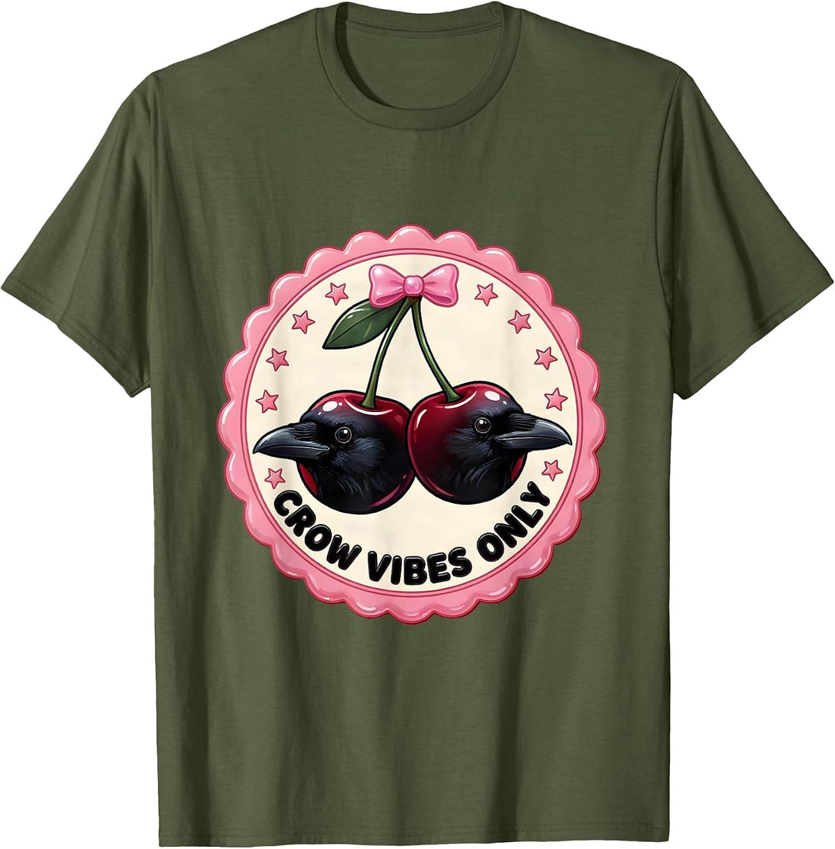Crow Vibes Only Bold Graphic Design T-Shirt - Olive Green