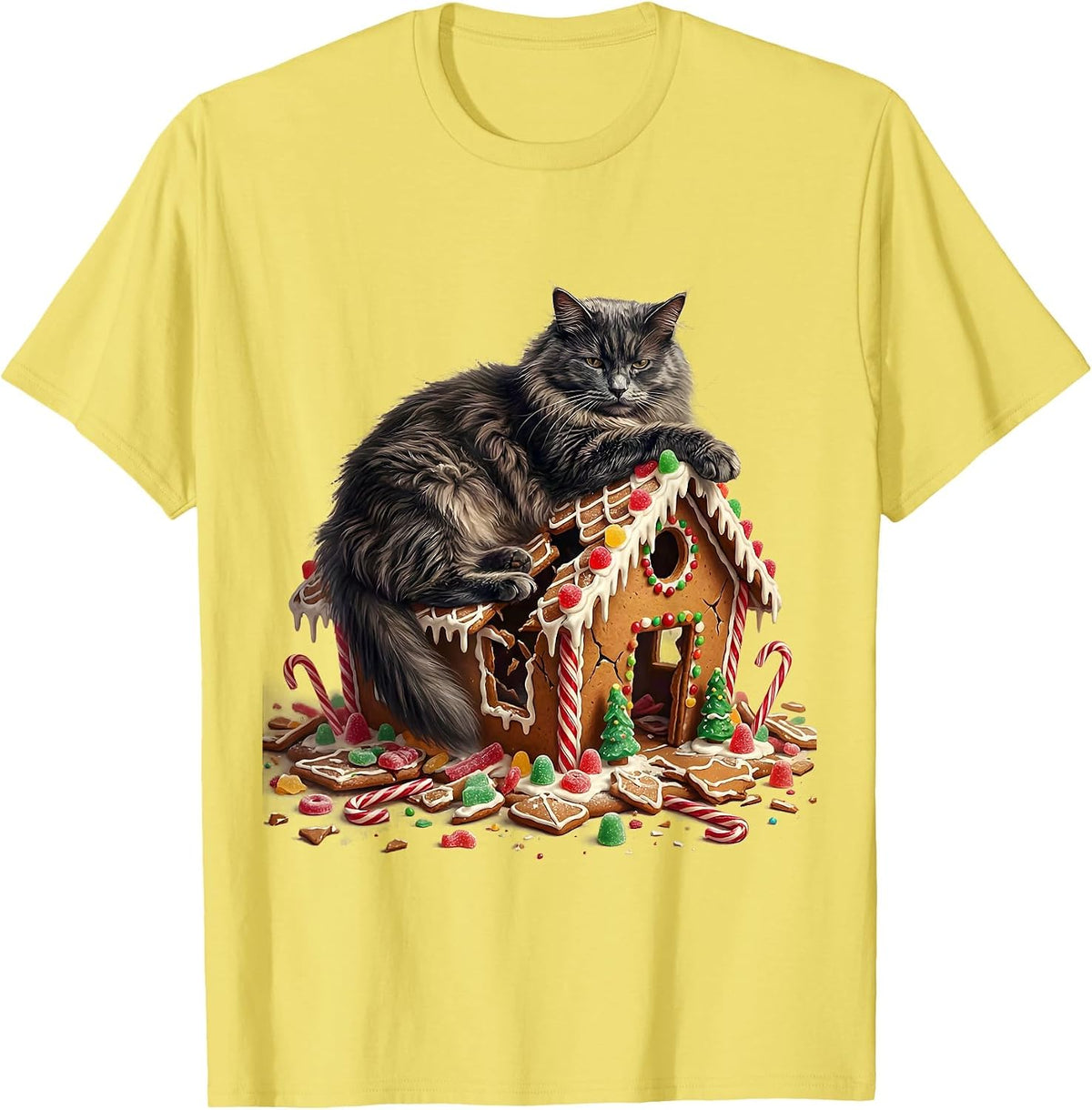 Men's Calm Cat Collapsed Gingerbread House Funny Christmas T-Shirt - Lemon Yellow