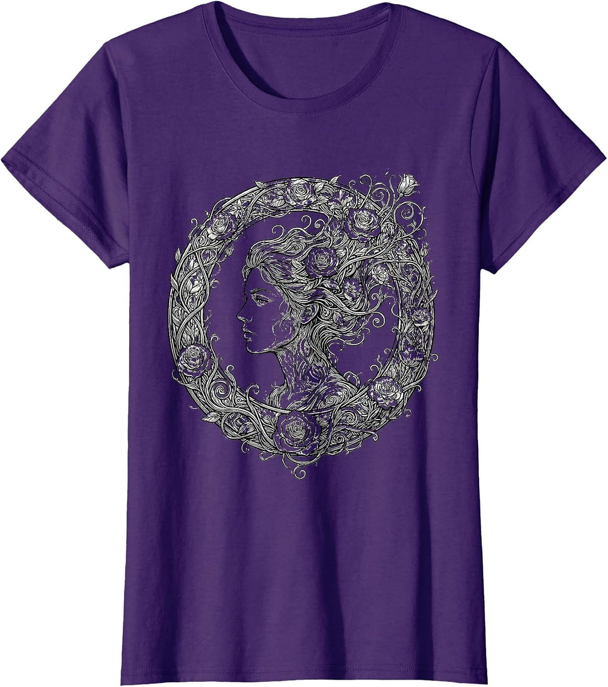 Women's Gigi Floral Profile Botanical Art Design T-Shirt - Purple