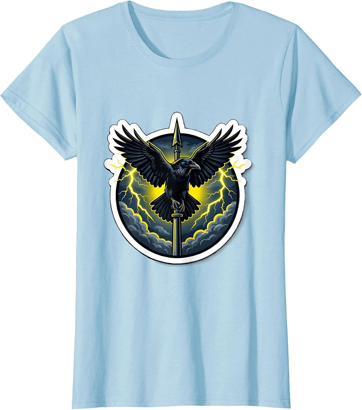 Women's Crow on Lightning Rod Storm Illustration T-Shirt - Baby Blue