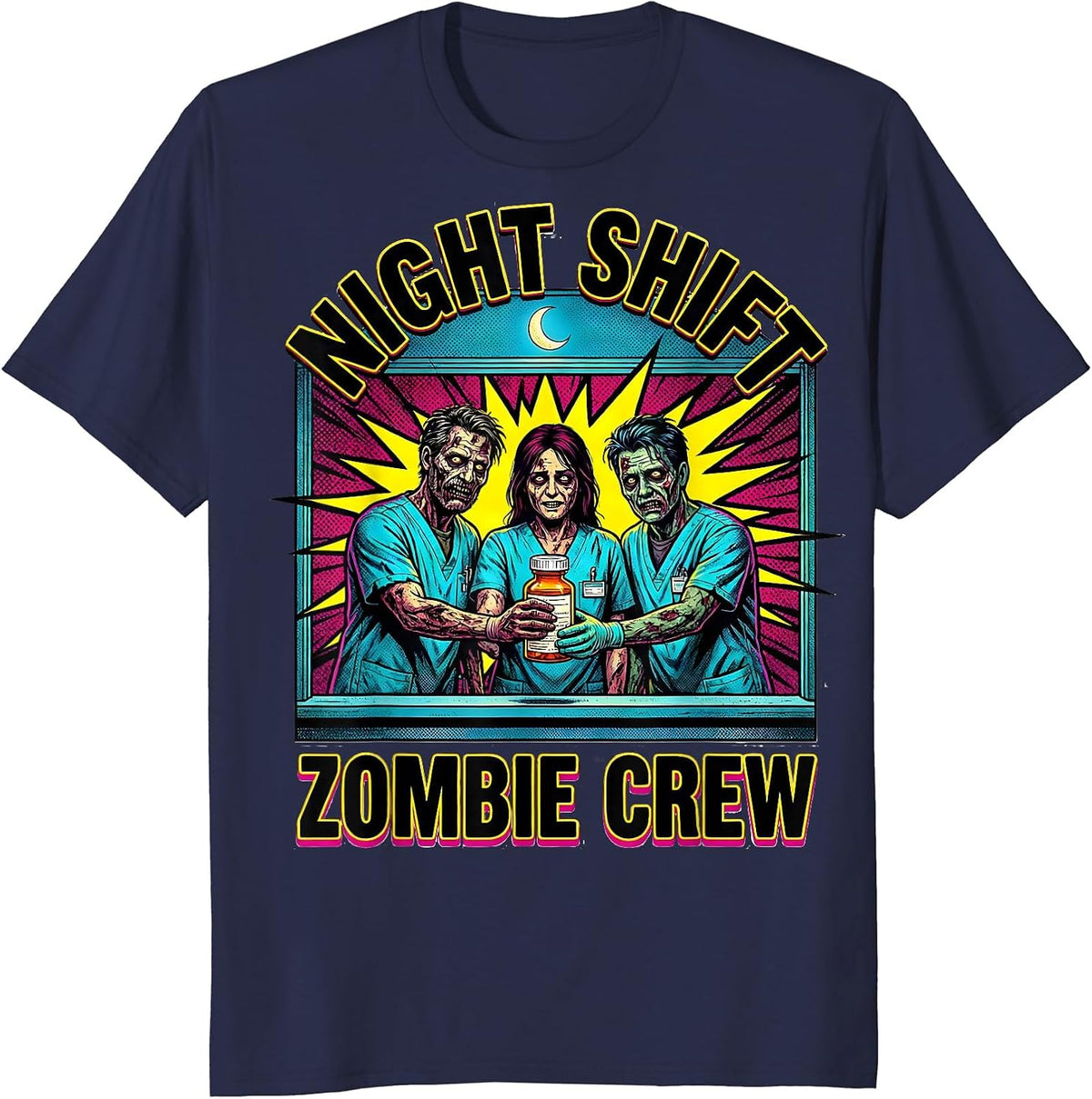 Men's Night Shift Zombie Crew Pop Art Pharmacy Tech Halloween T-Shirt - Navy Blue