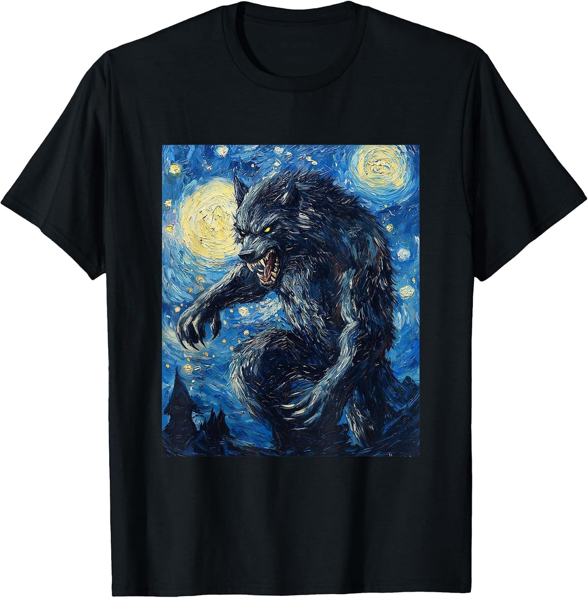 Werewolf Wolf Van Gogh Style Starry Night Graphic T-Shirt - Black