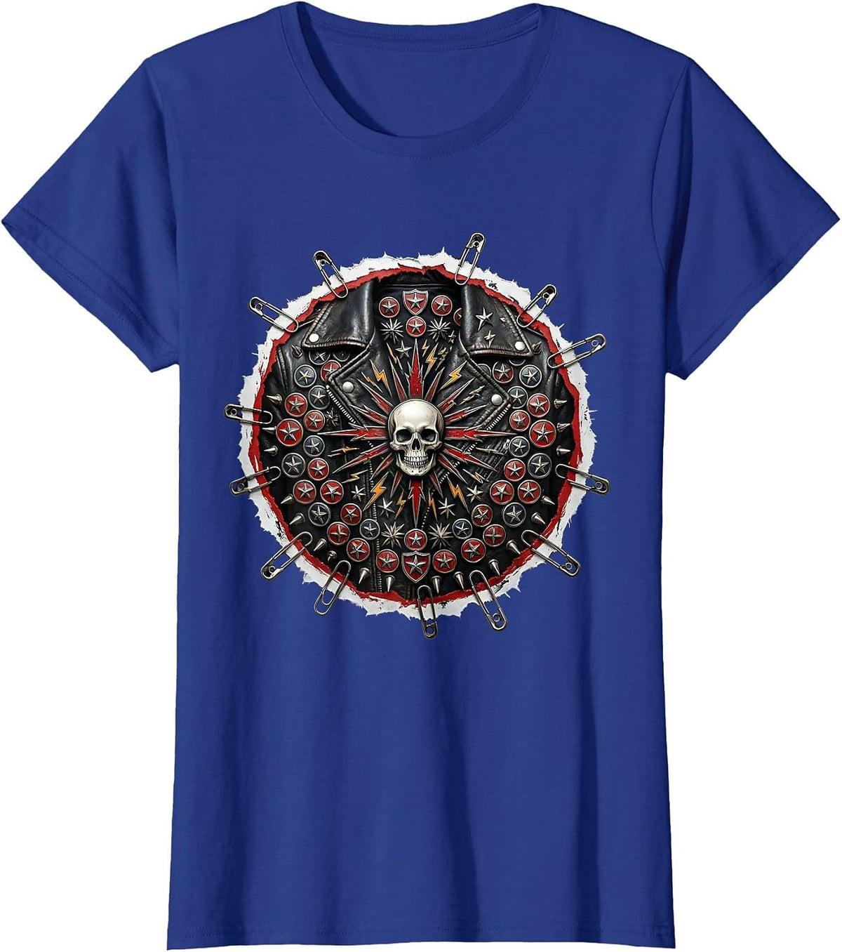 Women's 80s Metal Band Pins Leather Jacket Graphic T-Shirt - Royal Blue