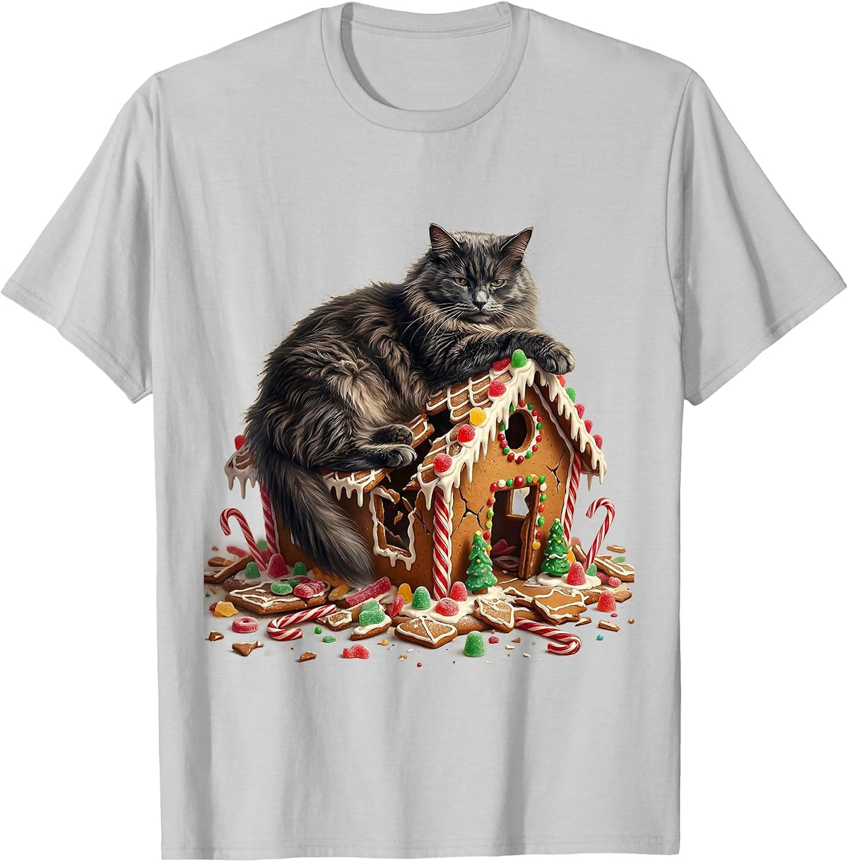 Men's Calm Cat Collapsed Gingerbread House Funny Christmas T-Shirt - Silver Grey