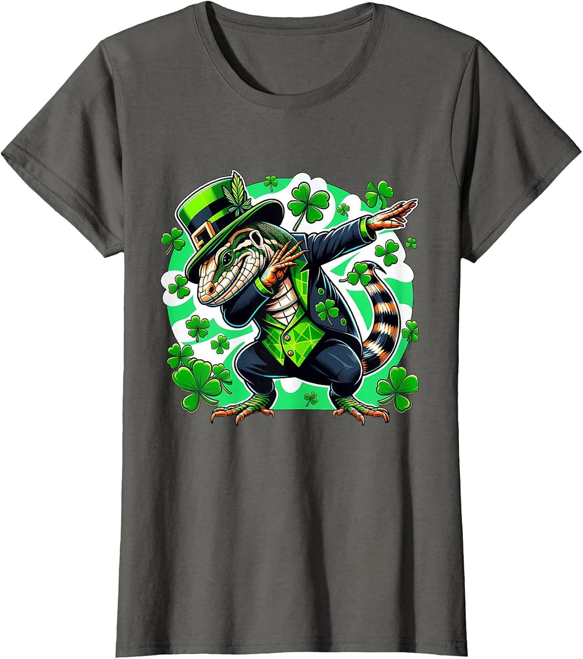 St Patricks Leprechaun Dabbing Argentine Tegu T-Shirt - Asphalt Grey