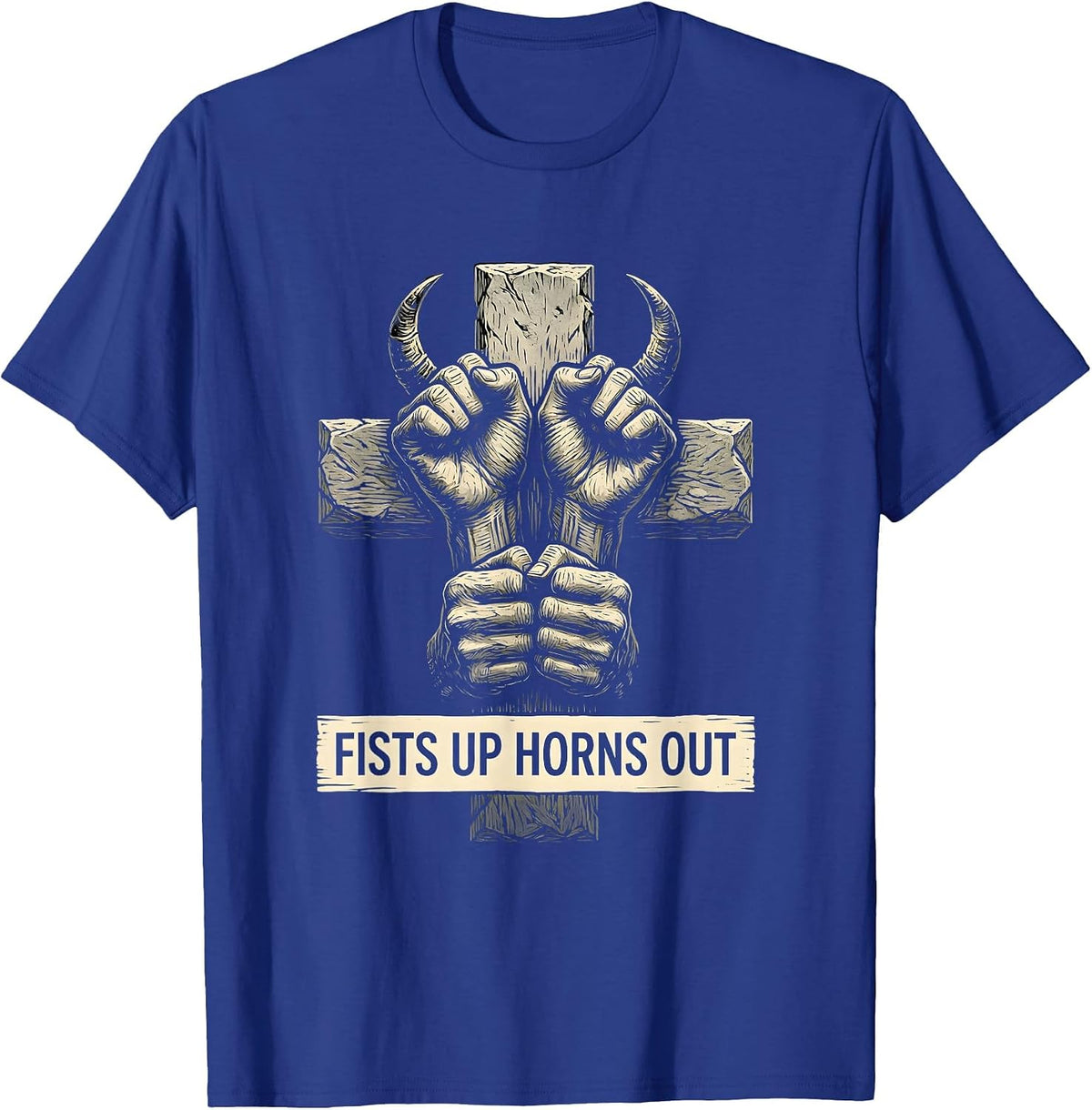 Fists Up Horns Out Metal Band Graphic Design T-Shirt - Royal Blue