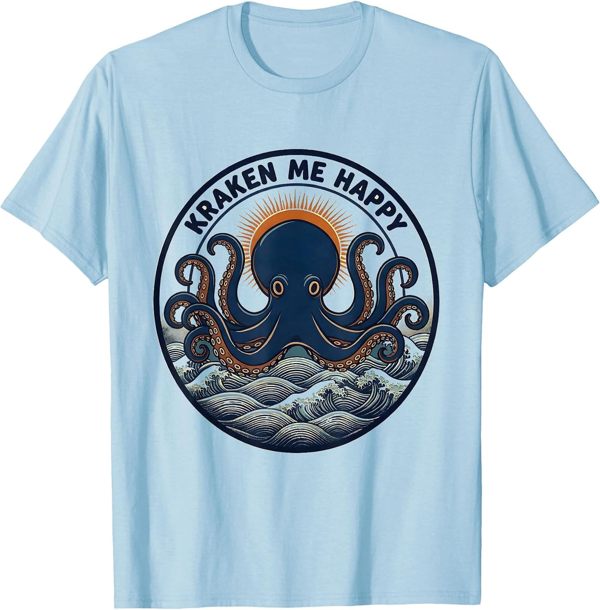 Men's Kraken Me Happy Ukiyo-e Octopus Lover Sea Creature T-Shirt - Baby Blue