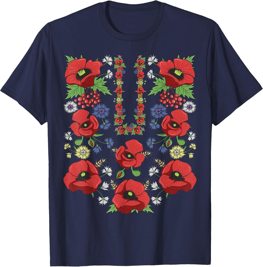 Red Poppies Ukraine Cute Floral Ukrainian Vyshyvanka Style T-Shirt - Navy Blue
