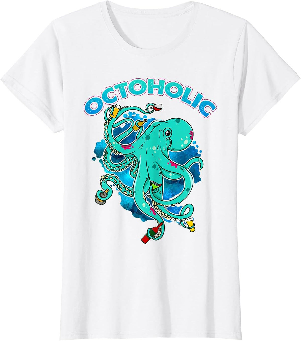 Octoholic T-Shirt Funny Octopus Drinking T-Shirt T-Shirt - White
