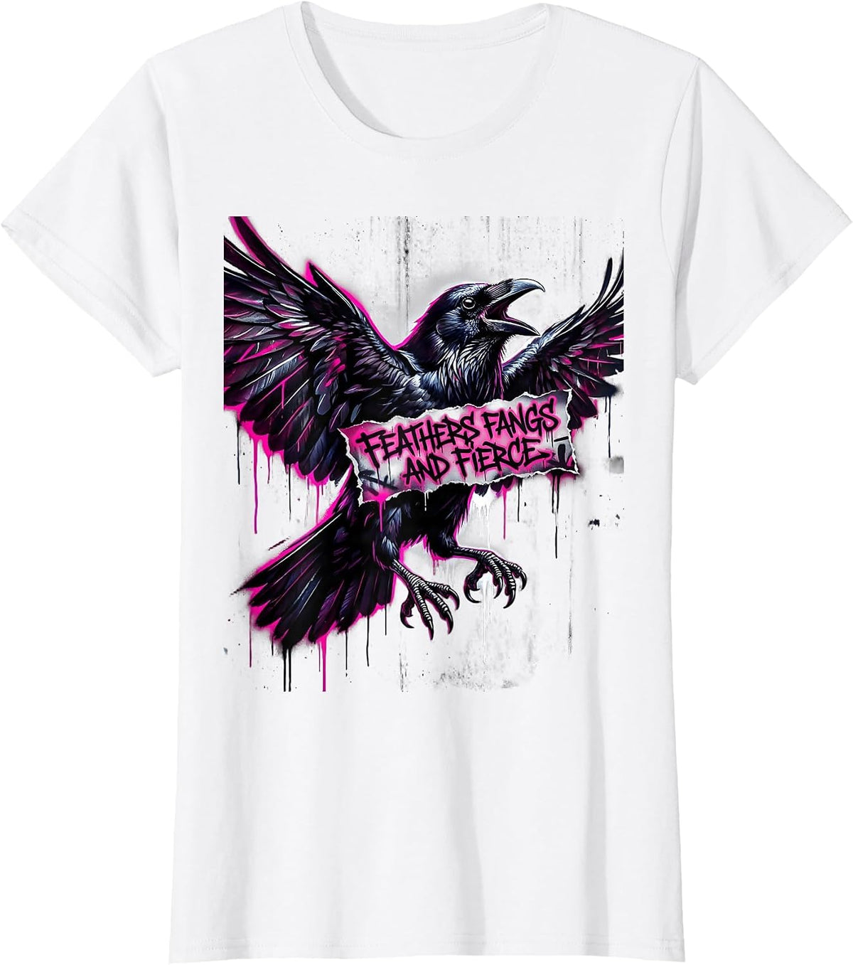 Feathers Fangs and Fierce Crow Design T-Shirt - White