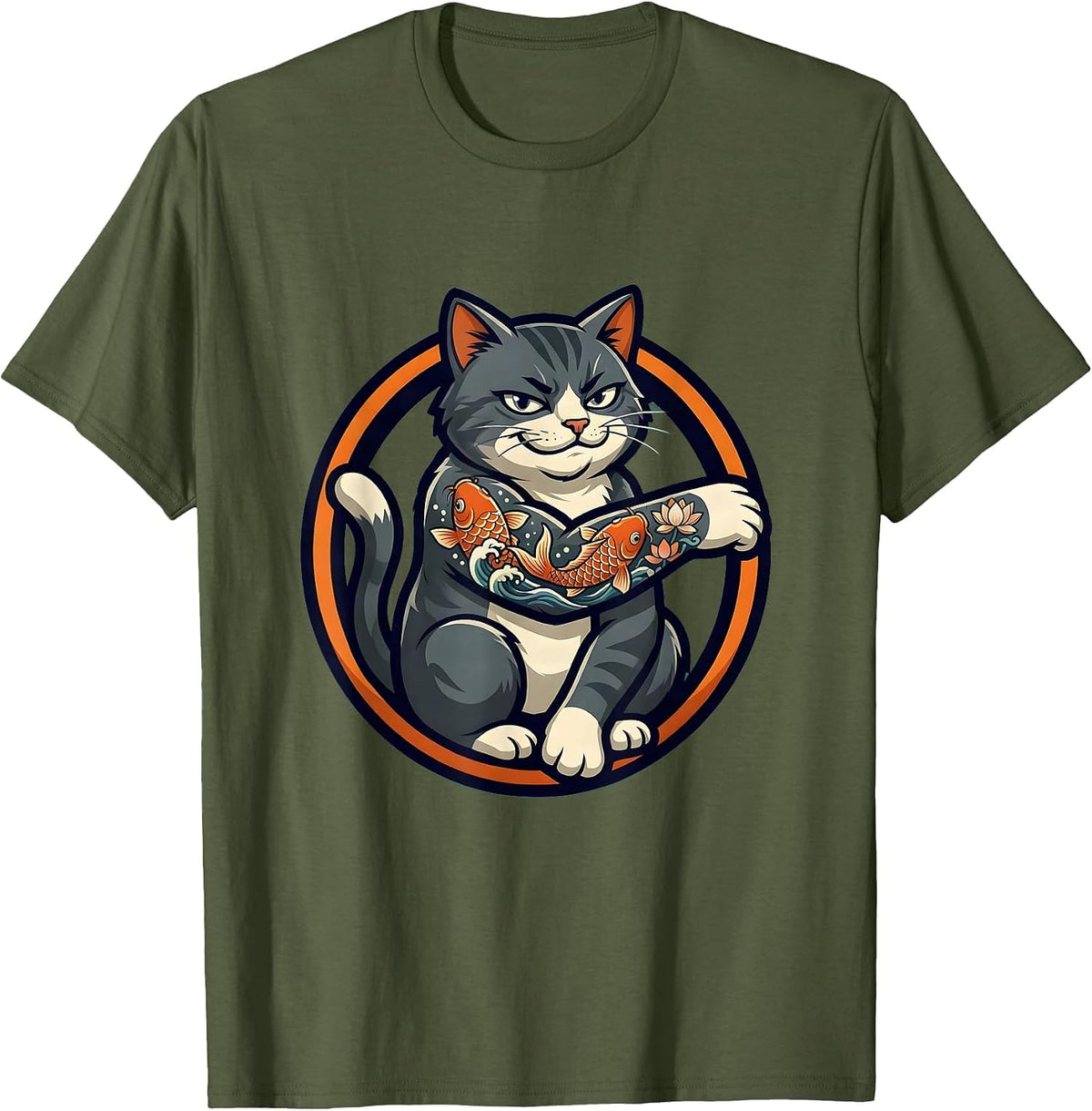 Men's Cat With Koi Fish Tattoo Sleeve Illustration T-Shirt - Olive Green