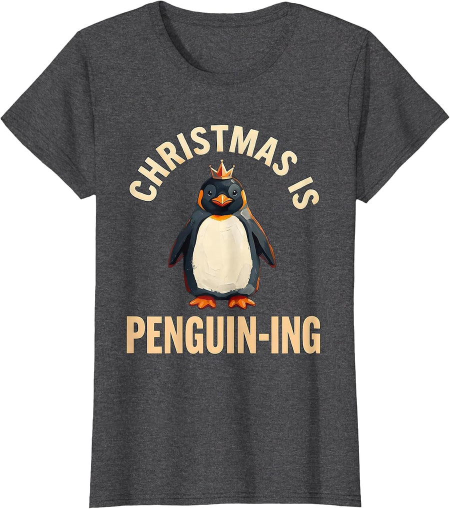 Women's Christmas Is Penguin-ing Funny Penguin Lover Christmas Humor T-Shirt - Dark Heather Grey