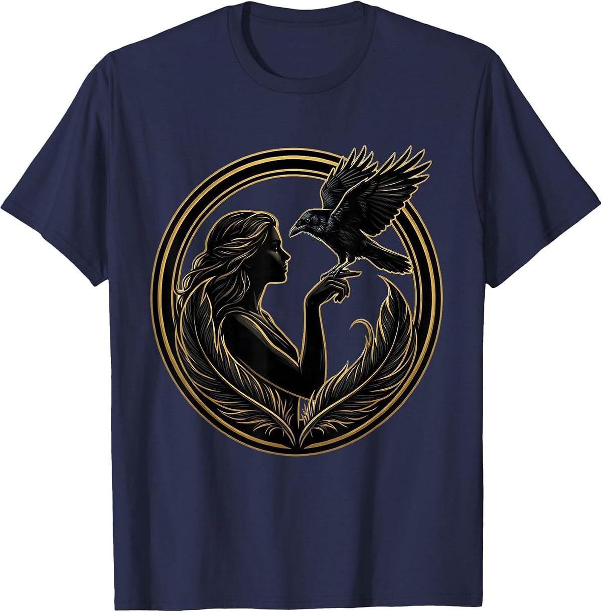 Men's Woman and Crow Illustration Nature Art Design T-Shirt - Navy Blue