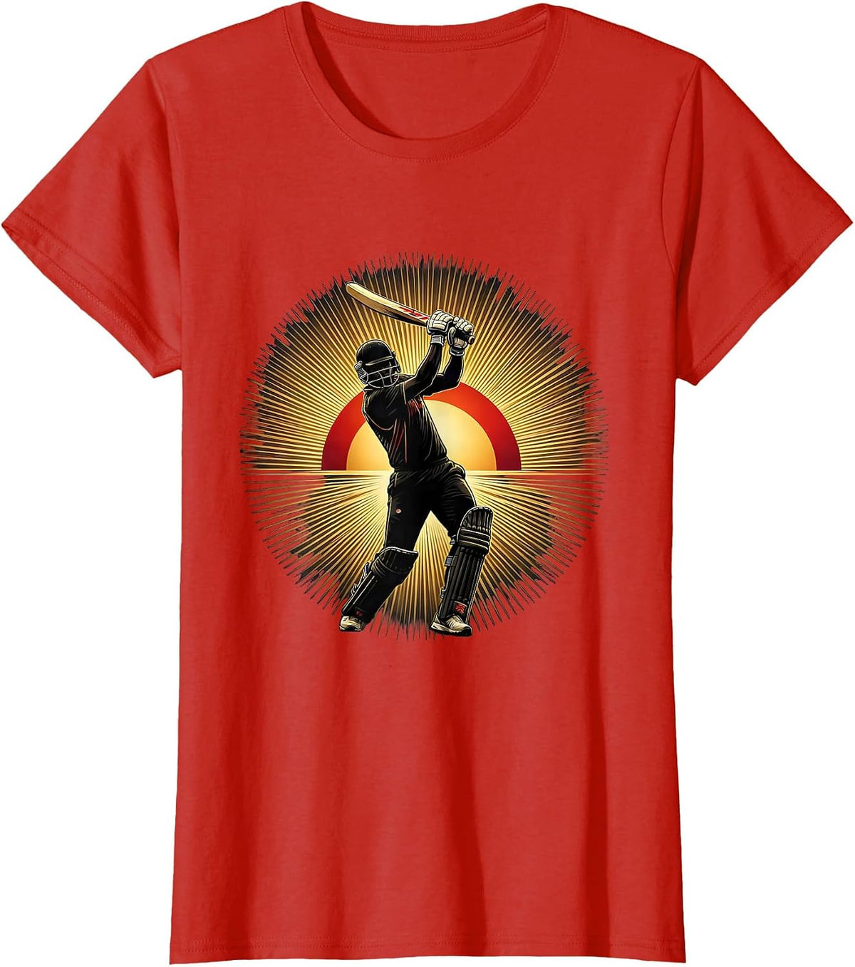 Women's Cricket Batsman Silhouette Blazing Sunrise Design T-Shirt - Red