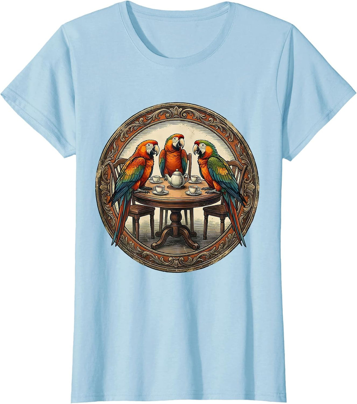 Chatty Parrots Tea Party Illustration T-Shirt - Baby Blue