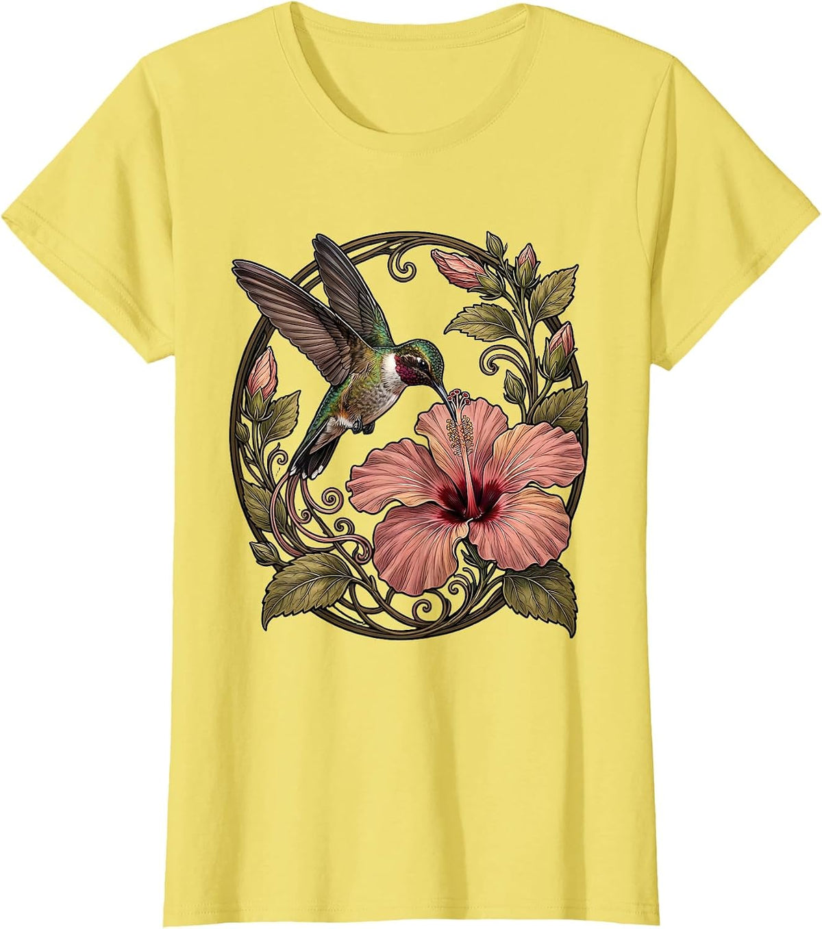 Gigi Hummingbird Hibiscus Floral Illustration T-Shirt - Lemon Yellow