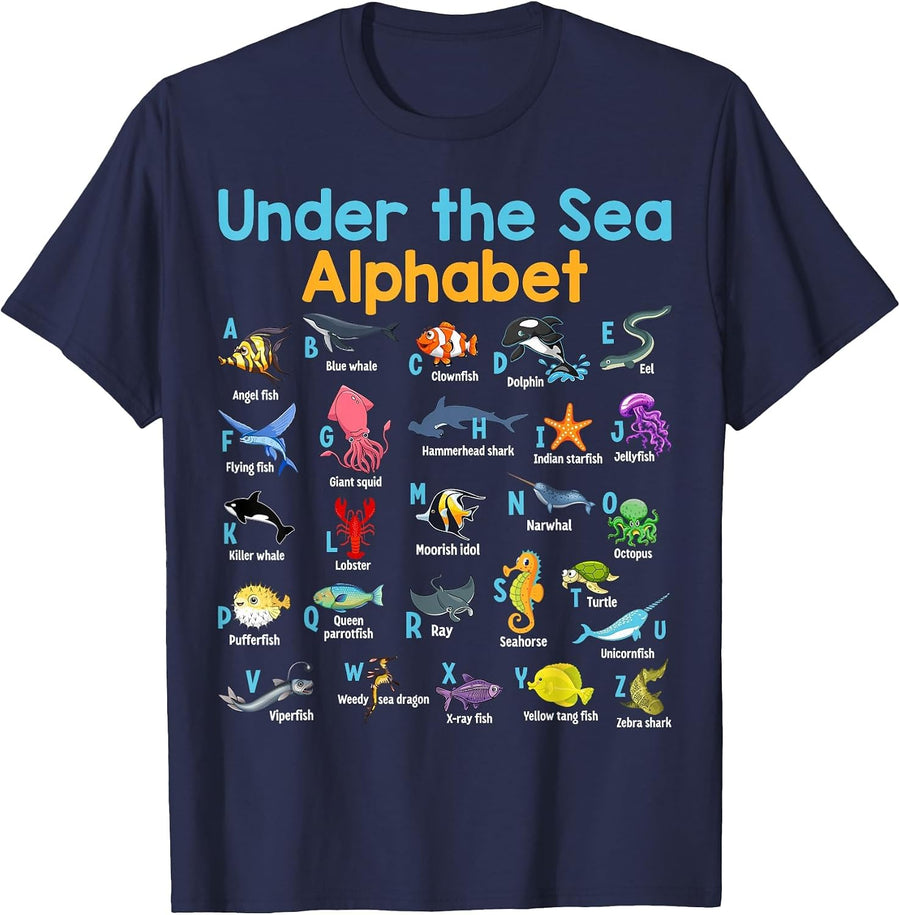 ABC Animals Under Water A-Z Types of Sea Animals Alphabet T-Shirt - Navy Blue