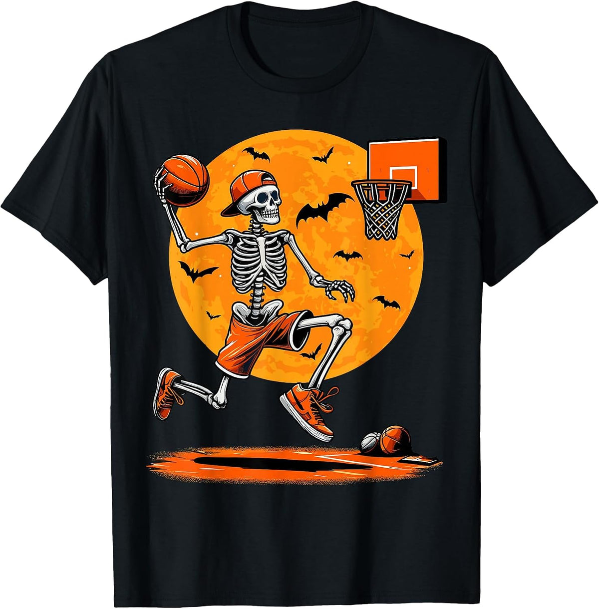 Basketball Skeleton Spooky Boys Halloween Basketball Player T-Shirt - Black