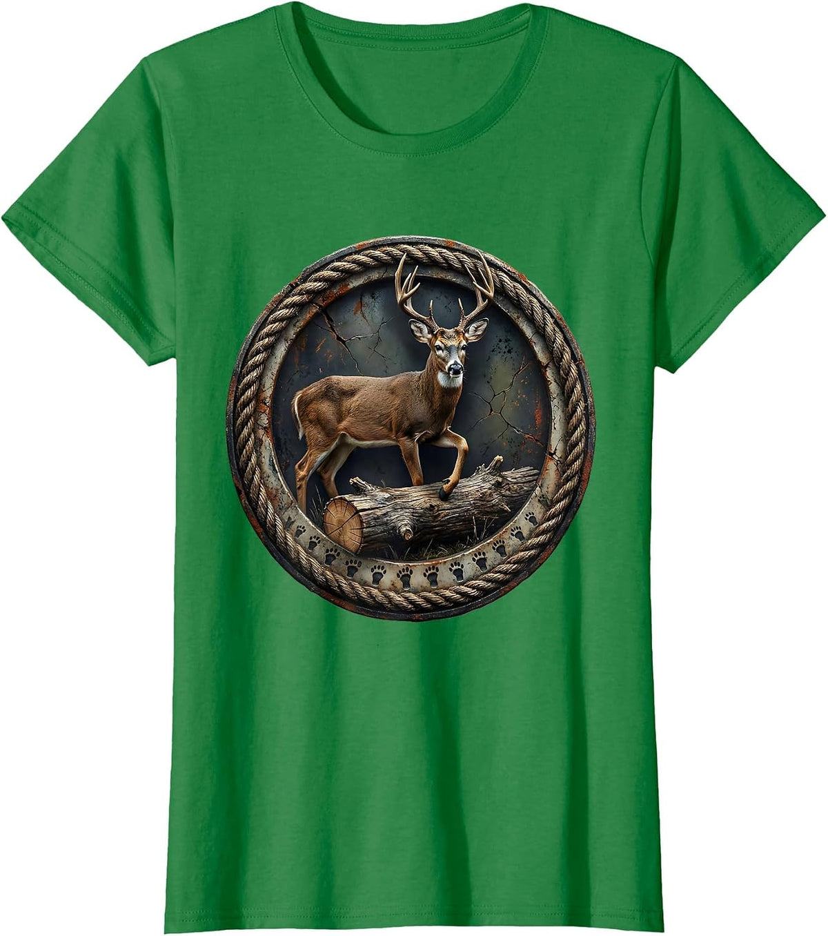 Women's Weathered Buck Badge Distressed Hunter Dad Camo T-Shirt - Kelly Green