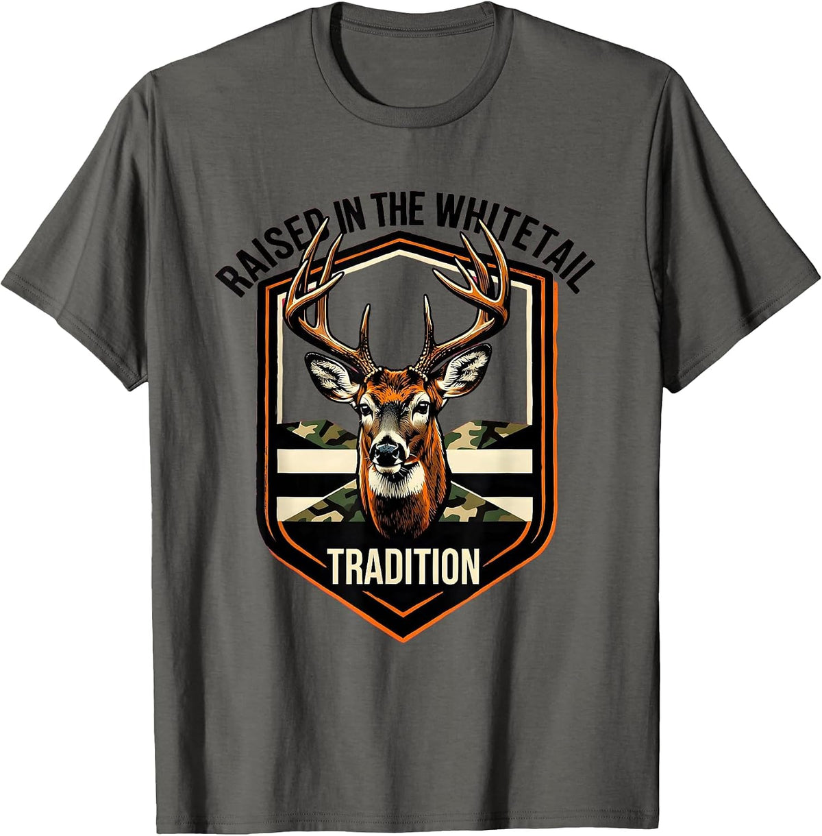 Raised In The Whitetail Tradition Stencil Camo Deer Hunter T-Shirt - Asphalt Grey