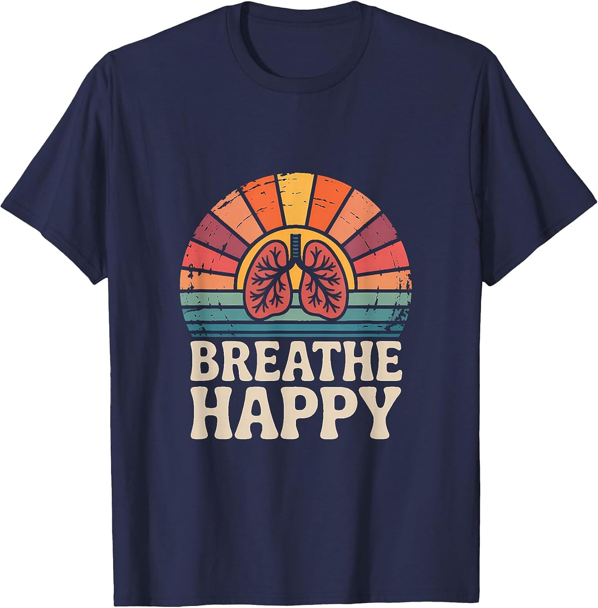 Pulmonary Rehab Breathe Happy Retro Graphic T-Shirt - Navy Blue