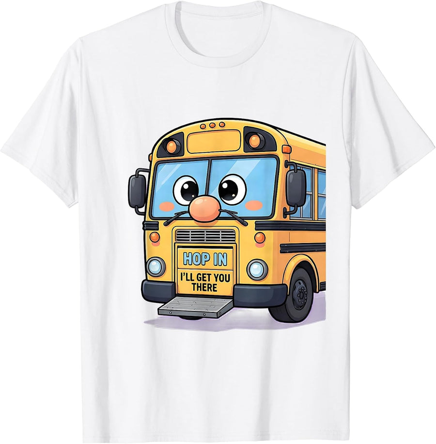 Men's Hop In, I'll Get You There Cute Kawaii School Bus Driver T-Shirt - White