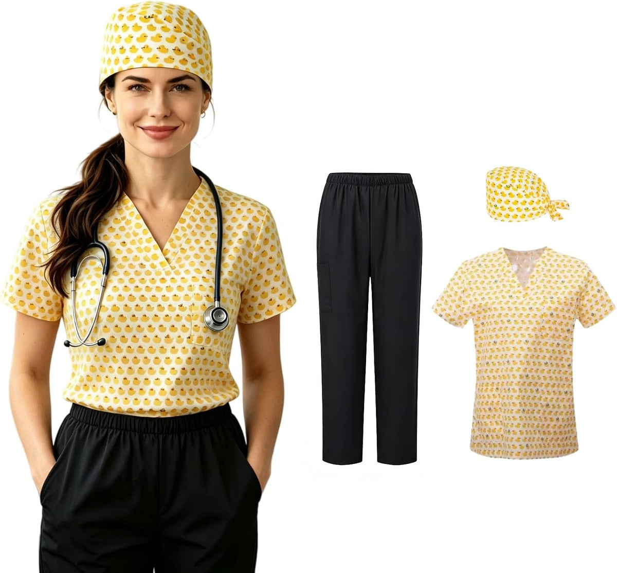 3Pcs Unisex Scrubs set with cute printed V-neck tops Scrub Pants Cap,soft, casual nurse uniform with multi-pockets - Yellow