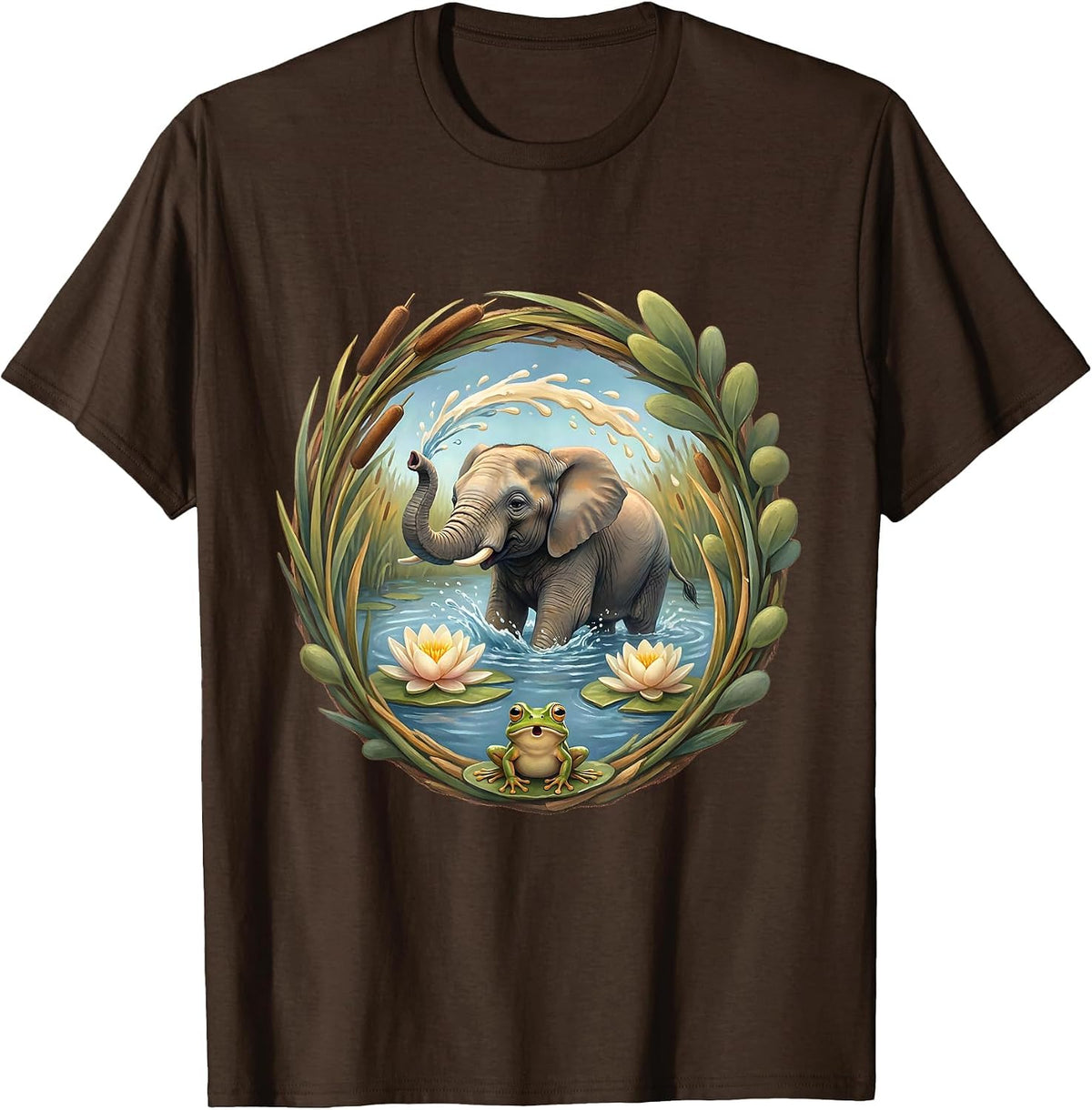Baby Elephant Splashing in Watering Hole T-Shirt - Brown