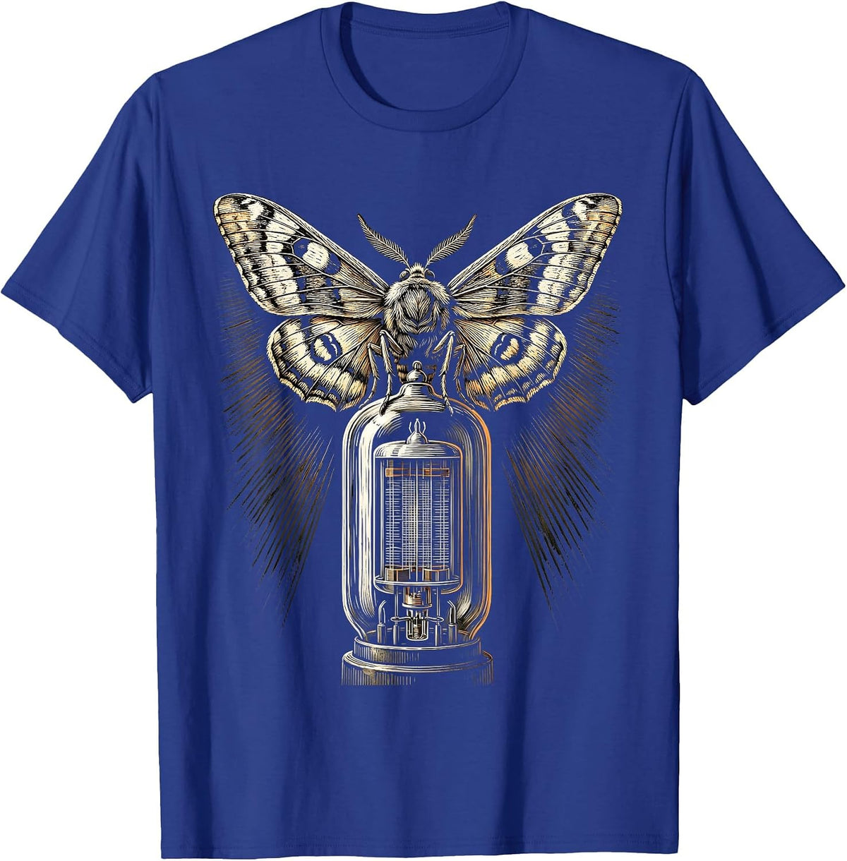 Moth and Vintage Vacuum Tube Rock Art Graphic T-Shirt - Royal Blue